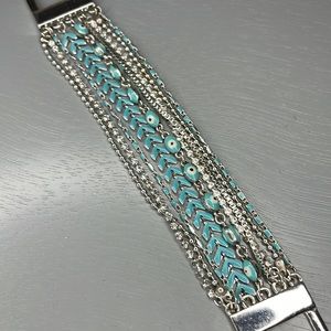 Boho BCBG silver tone and turquoise look multi-strand bracelet - like new!
